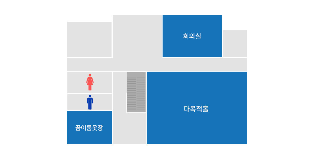 맨왼쪽 아래에 꿈이룸옷장 있고 그옆에는 다목적홀 그 위쪽에는 쉼터가 배치되어있습니다. 쉼터와 다목적홀은 구성준비중입니다.