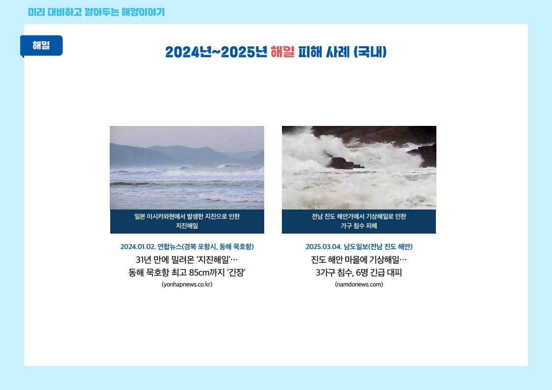 2024년~2025년 국내 해일 피해 사례. 2024년 1월 2일 일본 이시카와현 지진으로 발생한 지진해일이 동해 묵호항에 도달한 사례와 2025년 3월 4일 전남 진도 해안에서 기상해일로 3가구가 침수되고 6명이 긴급 대피한 사례를 소개합니다.