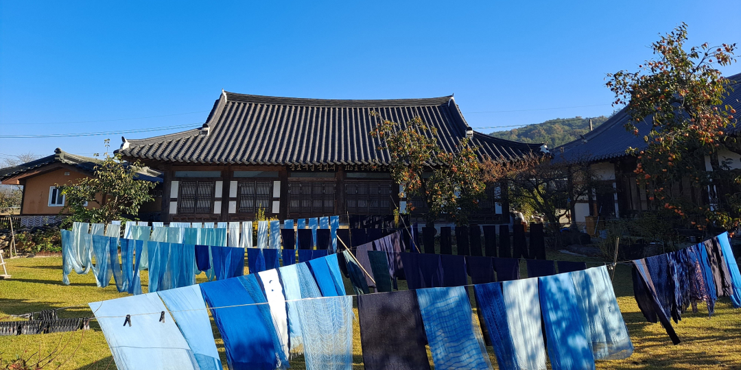 초록빛 나무가 우거진 명하쪽빛마을의 한옥집으로 들어가는 사람들