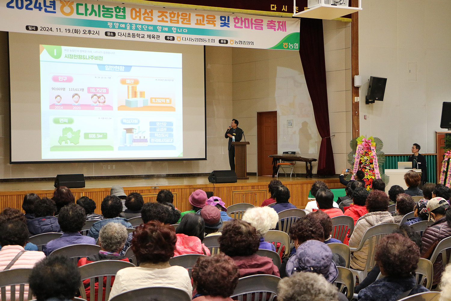 다시농협 여성조합원 교육 좌측면에서 촬영한 강의 모습 