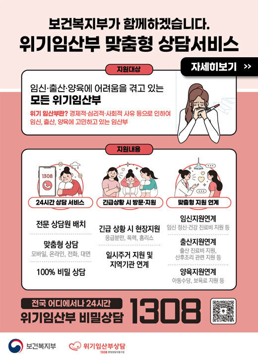 보건복지부가 함께하겠습니다. 위기 임산부 맞춤형 상담서비스 지원대상: 임신/출산/양육에 어려움을 겪고있는 모든 위기임산부, 위기임산부란? 경제적/심리적/사회적 사유 등으로 인하여 임신, 출산, 양육에 고민하고 있는 임산부 자세히 보기