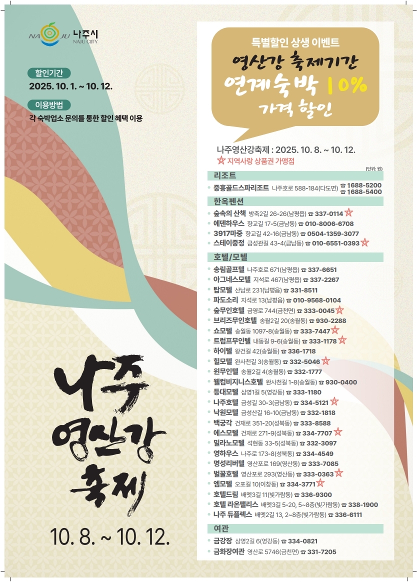 나주시가 ‘2025 나주영산강축제’를 맞아 지역 숙박업소와 함께 특별할인 상생 이벤트를 진행한다..jpg