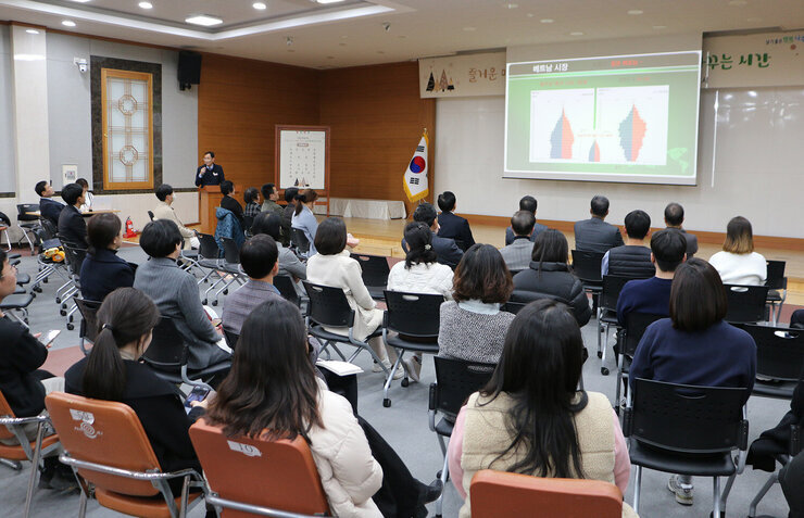 12월 중 정례조회 배원예유통과의 담당 탐장이 수출추진 전략 관련 보고를 발표하고 있는 모습 