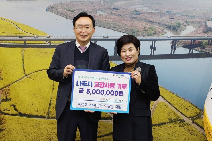   살기좋은 행복 나주 앞서가는 으뜸 나주 내고향 나주! 사랑하고 응원합니다. 나주시 고향사랑 기부 금 5,000,000원 함께 합니다. 같이 합니다. 아로마 라이프(주) 이광은 대표 라고 적힌 팻말을 들고 사진을 찍고 있는 윤병태 시장과 이광은 대표