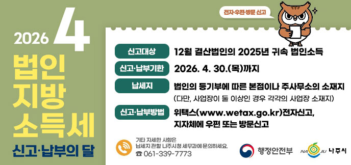 2026. 4 법인 지방 소득세 신고·납부의 달 -신고대상:12월 결산법인의 2025년 귀속 법인소득 -신고·납부기한:2026.4.30.(목)까지 -납세지:법인의 등기부에 따른 본점이나 주사무소의 소재지(다만, 사업장이 둘 이상인 경우 각각의 사업장 소재지) -신고·납부방법:위택스(www.wetax.go.kr) 전자신고, 지자체에 우편 또는 방문신고 기타 자세한 사항은 납세지관할 나주시청 세무과에 문의하세요. 061-339-7773 행정안전부, 나주시