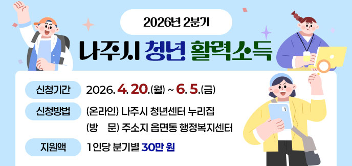 2026년 2분기 나주시 청년 활력소득 -신청기간:2026. 4. 20.(월) ~ 6. 5.(금) -신청방법:(온라인) 나주시 청년센터 누리집, (방문) 주소지 읍면동 행정복지센터 -지원액:1인당 분기별 30만 원