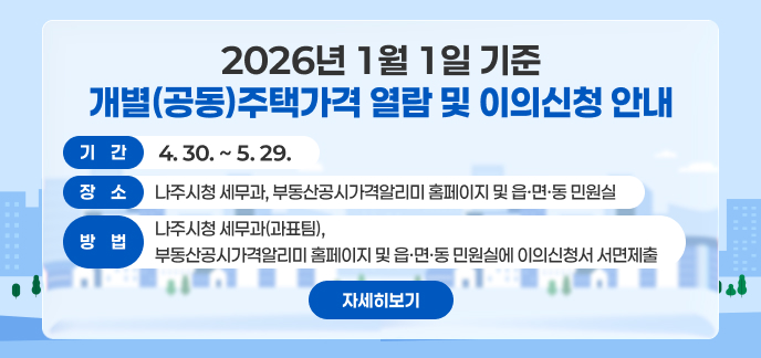  2026년 1월 1일 기준 개별(공동)주택가격 열람 및 이의신청 안내 기 간: 4. 30. ~ 5. 29. 장 소: 나주시청 세무과, 부동산공시가격알리미 홈페이지 및 읍·면·동 민원실 방 법: 나주시청 세무과(과표팀), 부동산공시가격알리미 홈페이지 및 읍·면·동 민원실에 이의신청서 서면제출 자세히보기