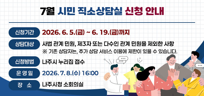 7월 시민 직소상담실 신청 안내 -신청기간: 2026. 6. 5.(금) ~ 6. 19.(금)까지 -상담대상: 사법 관계 민원, 제3자 또는 다수인 관계 민원을 제외한 사항 ※기존 상담자는, 추가 상담 서비스 이용에 제한이 있을 수 있습니다. -신청방법: 나주시 누리집 접수 -운 영 일: 2026. 7. 8.(수) 16:00 -장 소: 나주시청 소회의실 자세히보기