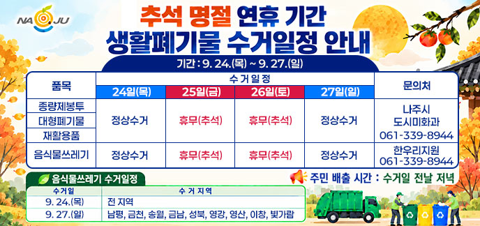 추석 명절 연휴 기간 생활폐기물 수거일정 안내 기간: 9. 24.(목) ~ 9. 27.(일)