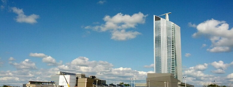 논을 뒤로 고층 건물을  찍은 사진