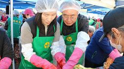새마을부녀회 김장나누기 행사 나주시장과 배우자가 다정하고 배추를 버무리고 있는 모습