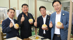 2024년산 나주배(원황) 대미 수출 첫 선적 행사 나주시장과 나주시의회 의장, 배원협조합장 등 4명이 한손에 배를 들고 한손은 엄지를 치켜세우며 기념촬영을 하고 있는 모습