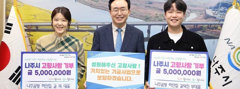 살기좋은 행복 나주 앞서가는 으뜸 나주 내고향 나주! 사랑하고 응원합니다. 나주시 고향사랑 기부 금 5,000,000원 함께 합니다. 같이 합니다. 나주곰탕 하얀집 길 희 대표라고 적힌 팻말을 들고 있는 길희 대표, 성원해주신 고향사랑! 가치있는 기금사업으로 보답하겠습니다. 나주시장 윤병태 팻말을 들고 있는 윤병태 시장, 살기좋은 행복 나주 앞서가는 으뜸 나주 내고향 나주! 사랑하고 응원합니다. 나주시 고향사랑 기부 금 5,000,000원 함께 합니다. 같이 합니다. 나주곰탕 하얀집 길덕진 부대표 팻말을 들고 있는 길덕진 부대표