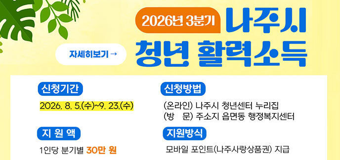 2026년 3분기 나주시 청년 활력소득 -신청기간:2026. 8. 5.(수)~9. 23.(수) -신청방법:(온라인)나주시 청년센터 누리집 (방문)주소지 읍면동 행정복지센터 -지원액:1인당 분기별 30만원 -지원방식:모바일 포인트(나주사랑상품권) 지급