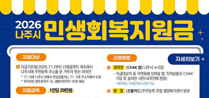 2026 나주시 민생회복지원금 지원대상:지급기준일(2026.7.1.)부터 신청일까지 계속해서 나주시에 주민등록 주소를 둔 거주자 또는 외국인 7.1. 이후 나주시 안에서 전입전출자는 7.1. 기준 주소지에서 신청 외국인은 영주권자(F-5), 결혼이민자(F-6)만 해당 ·지원금액:1인당 20만원 ·신청방법: ①온라인 (CHAK 앱) 나주시 누리집 -지급대상자 중 지역화폐 모바일 앱 '지역상품권 CHAK' 가입 및 설치한 시민(내국인에 한함) *세대주는 미성년자녀 신청 가능 ②현장 (선불카드) 주민등록 관할 행정복지센터 방문 자세히보기 →