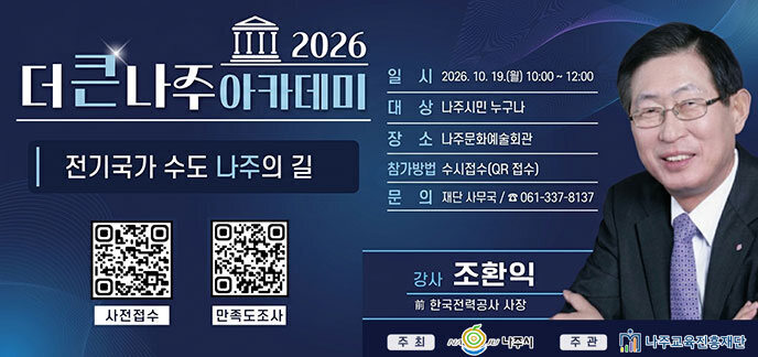 2026 더큰나주아카데미 전기국가 수도 나주의 길 일시: 2026. 10. 19.(월) 10:00 ~ 12:00 대상: 나주시민 누구나 장소: 나주문화예술회관 참가방법: 수시접수 (QR 접수) 문의: 재단 사무국 / ☎ 061-337-8137 강사: 조환익 경력: 前 한국전력공사 사장 주최: 나주시 주관: 나주교육진흥재단
