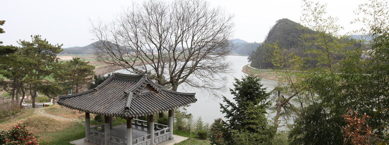 석관정 전경을 찍은 사진. 멀리 영상강이 보이고 나무가 우거진 숲속 잔디밭에 석관정이 자리 잡고 있음.