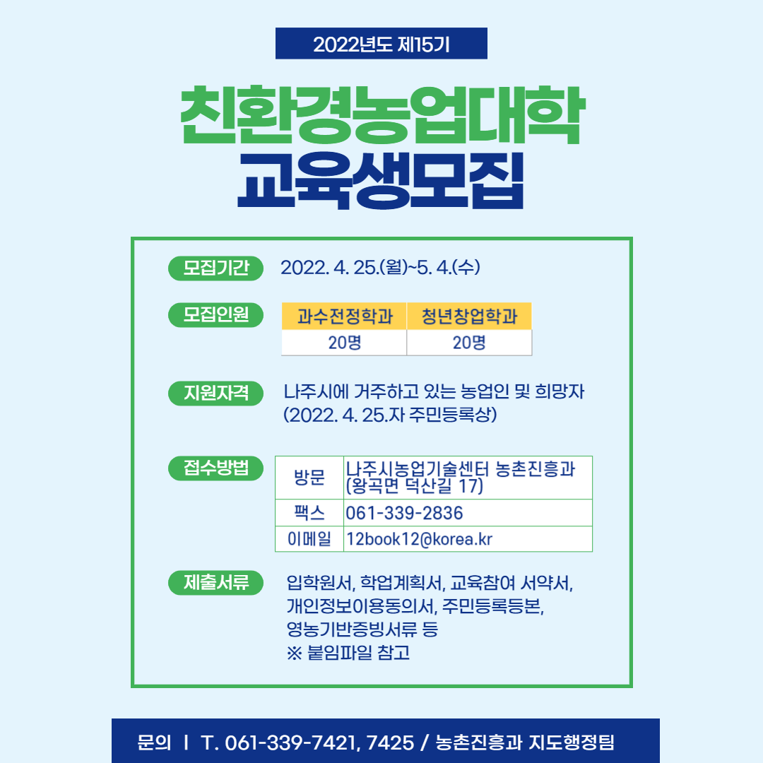 2022년도 제15기 친환경농업대학 교육생모집 모집기간 2022. 4.25.(월)~5.4.(수) 모집인원 과수전정학과 20명 청년창업학과 20명 지원자격 나주시에 거주하고 있는 농업인 및 희망자 (2022. 4. 25.자 주민등록상) 접수방법 방문 나주시농업기술센터 농촌진흥과 (왕곡면 덕산길 17) 팩스 061-339-2836 이메일 12book12@korea.kr 제출서류 입학원서, 학업계획서, 교육참여 서약서, 개인정보이용동의서, 주민등록등본, 영농기반증빙서류 등 ※ 붙임파일 참고 문의 | T. 061-339-7421, 7425 / 농촌진흥과 지도행정팀