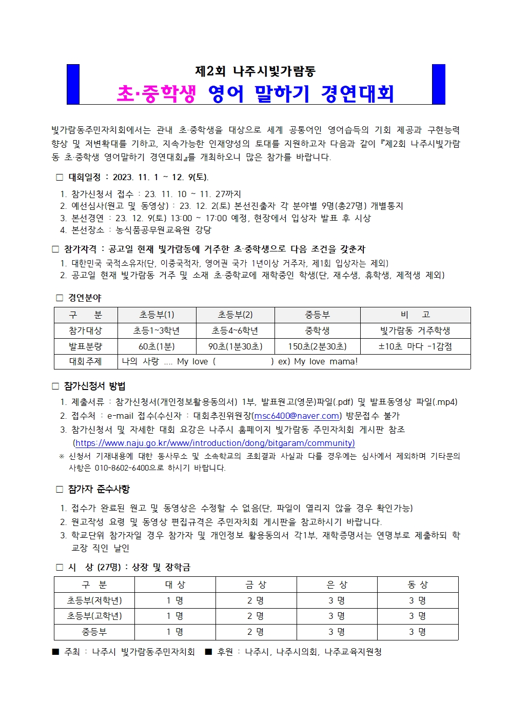 제2회 나주시빛가람동 초·중학생 영어 말하기 경연대회 빛가람동주민자치회에서는 관내 초·중학생을 대상으로 세계 공통어인 영어습득의 기회 제공과 구현능력 향상 및 저변확대를 기하고, 지속가능한 인재양성의 토대를 지원하고자 다음과 같이 제2회 나주시빛가람동 초·중학생 영어말하기 경연대회를 개최하오니 많은 참가를 바랍니다. □대회일정:2023.11.1~12.9(토) 1.참가신청서 접수:23.11.10.~11.27까지 2.예선심사(원고 및 동영상):23.12.2(토) 본선진출자 각 분야별 9명(총27명) 개별통지 3.본선경영:23.12.9(토) 13:00~17:00예정, 현장에서 입상자 발표 후 시상 4.본선장소:농식품공무원 교육원 강당 □참가자격:공고일 현재 빛가람동에 거주한 초·중학생으로 다음 조건을 갖춘자 1.대한민국 국적소유자(단, 이중국적자, 영어권 국가 1년이상 거주자, 제1회 입상자는 제외) 2.공고일 현재 빛가람동 거주 및 소재 초·중학교에 재학중인 학생(단,재수생,휴학생,제적생 제외) □경연분야 구분:참가대상/초등부(1):초등1~3학년/초등부(2)초등4~6학년/중등부:중학생/비고:빛가람동 거주학생, 구분:발표분량/초등부(1):60초(1분)/초등부(2):90초(1분30초)/비고:±10초 마다 -1감점, 구분:대회주제/초등부(1),초등부(2),중등부,비고:나의 사랑.... My love( ) ex)My love mama! □참가신청서 방법 1.제출서류:참가신청서(개인정보활용동의서) 1부, 발표원고(영문)파일(.pdf) 및 발표동영상 파일(.mp4) 2.접수처:e-mail 접수(수신자:대회추진위원장(msc6400@naver.com)방문접수 불가 3.참가신청서 및 자세한 대회 요강은 나주시 홈페이지 빛가람동 주민자치회 게시판 참조(http://www.naju.go.kr/www/introduction/dong/bitgaram/community) ※신청서 기재내용에 대한 동사무소 및 소속학교의 조회결과 사실과 다를 경우에는 심사에서 제외하며 기타문의 사항은 010-8602-6400으로 하시기 바랍니다. □참가자 준수사항 1.접수가 완료된 원고 및 동영상은 수정할 수 없음(단, 파일이 열리지 않을 경우 확인 가능) 2.원고작성 요령 및 동영상 편집규격은 주민자치회 게시판을 참고하시기 바랍니다. 3.학교단위 참가자일 경우 참가자 및 개인정보 활용동의서 각1부, 재학증명서는 연명부로 제출하되 학교장 직인 날인 □시상(27명):상장 및 장학금, 구분:초등부(저학년)/대상:1명/금상:2명/은상:3명/동상:3명,구분:초등부(고학년)/대상:1명/금상:2명/은상:3명/동상:3명,구분:중등부/대상:1명/금상:2명/은상:3명/동상:3명 ■주최:나주시 빛가람동주민자치회 ■후원:나주시, 나주시의회, 나주교육지원청